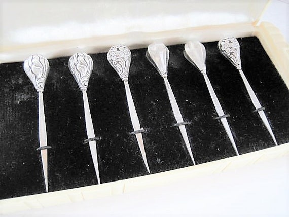 Sterling Silver Hors D'oeuvre Picks, Art Deco, Celluloid Box, Vintage 30's, Rhodium Finish,