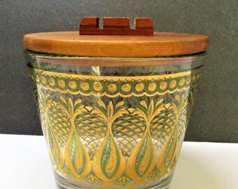 MCM Culver? Ice Bucket with Lid,  Vintage Glam Gold and Green, Vintage 5 1/2 inch tall Barware