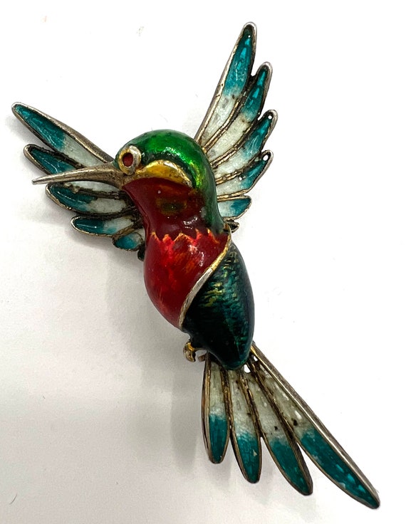 Vintage Vermeil Hummingbird Brooch, Enamel 800 79… - image 2