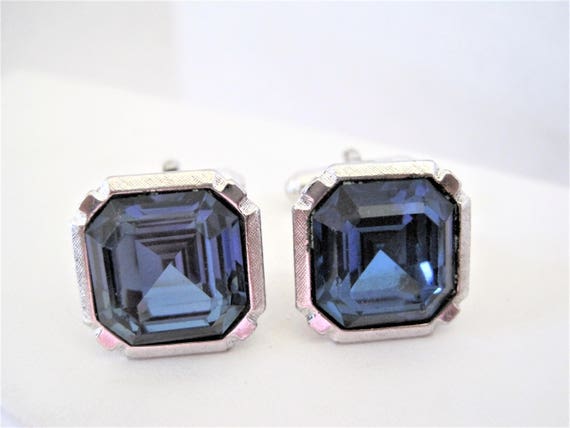 Anson Blue Cufflinks, Blue Faceted Rhinestones, Pat Pend, Unisex Silver, Vintage Cufflinks