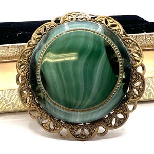Vintage Western Germany Signed  Brooch, Green Glass Cabochon,  Gold Filigree Setting