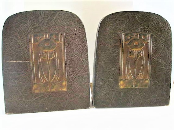 Art Nouveau Book Ends, Craftsman Style, Tooled Leather, Resembles Roycroft, Antique Book Ends