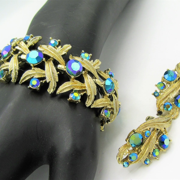 Jewelry Set Bracelet Earrings, Unsigned Lisner, Aurora Borealis Blue Rhinestones, Vintage Jewelry Set