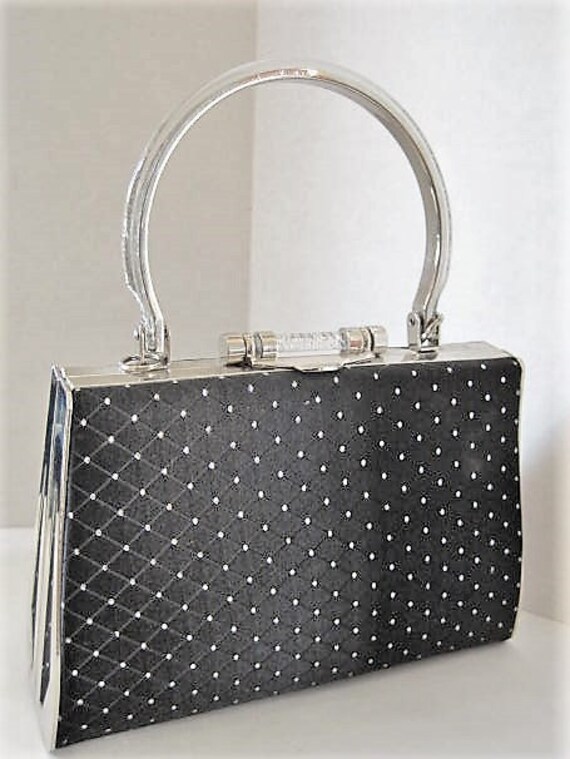 Black Sparkly Purse, Lucite Handle, Top Handle Black Bag, Evening Bag, Silver Tone Metal
