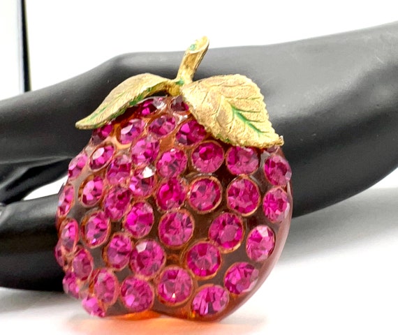 Forbidden Fruit Brooch, Purple Lucite, Pink Rhine… - image 4