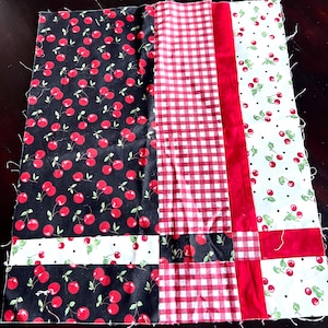 Cherry Gingham Patchwork Fabric Pieces: Quilt Squares, Black White Red