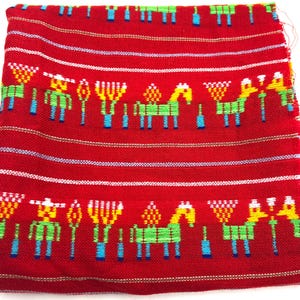 Guatemalan Woven Fabric,  38 inches long by 36 inches Wide,  Bird Animal Motif, Bold Colors, Frayed Edge