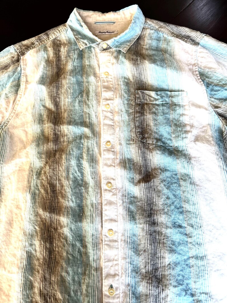 May include: A striped button-down shirt in blue, white, and brown. The shirt features a chest pocket and a collar. The brand name "Tommy Bahama" is visible on a tag near the collar.