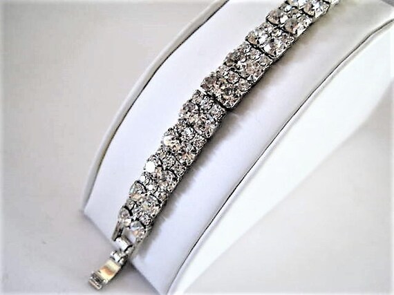 Clear Rhinestone Bracelet, 2 Rows, Prong Setting, Elegant Bracelet, Fold Over Clasp