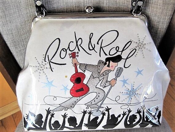 Rock and Roll Purse, Elvis Rockabilly Handbag, Linen Fabric, Embroidery Letters Symbols, Black Patent Leather, Plastic Covered, Vintage