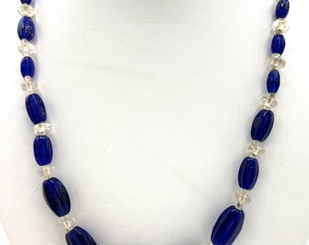 Art Deco Blue Glass Bead Necklace: Graduated Barrel Beads, 22 Inch