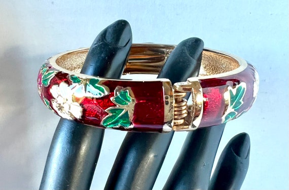 Vintage Enamel Bracelet, Garnet Red, White and Pi… - image 2