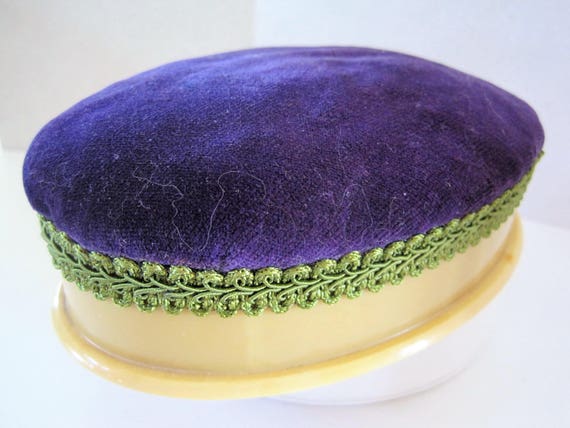 Celluloid Sewing Cushion, Sewing Collectible, Ivory Celluloid, Vintage Pin Cushion, Purple Velvet Top, Hat Pin Cushion