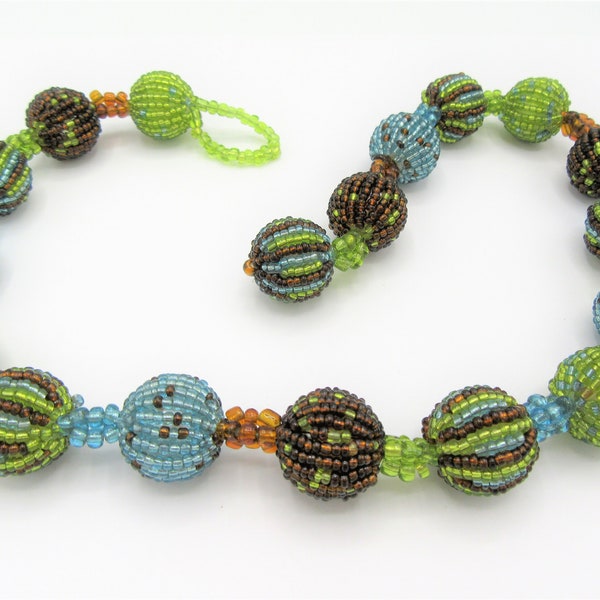 Beaded Balls Necklace, Tribal Turquoise Peridot Green Brown, 20 Inch Long Vintage Seed Beads