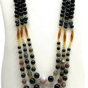 Vintage BOHO Multi Strand Bead Necklace, Gemstone and Black Glass Beads, 34 Inches of Continuous Beads, Statement Necklace