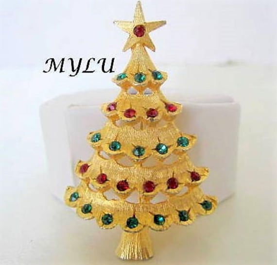 Christmas Tree Brooch, Mylu Signed, Multicolor Rhinestone Pin