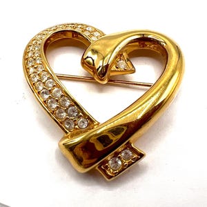 Swarovski Heart Pin, Swan Signed, Gold Tone Metal, Clear Crystal Enhanced, Vintage Valentine Brooch