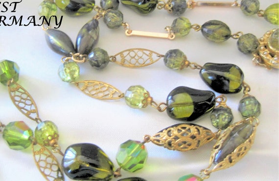 Art Glass Necklace, Flapper Style, Green Glass Beads, Vintage Single Strand, 30 Inches West Germany, Green Crystals