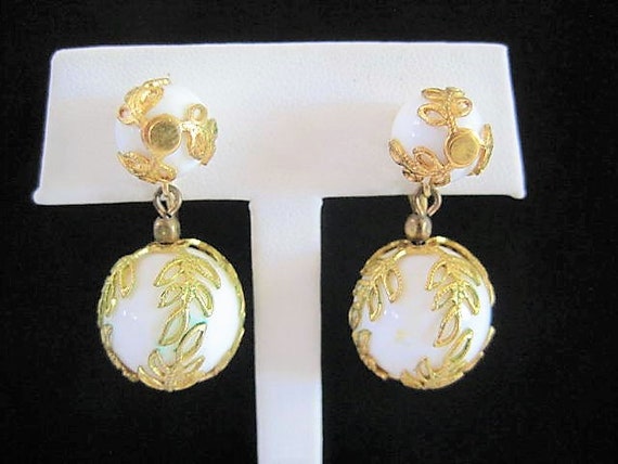 Crown Trifari White Earrings, Lucite Teardrop, Caged in Gold, Clip On Drops