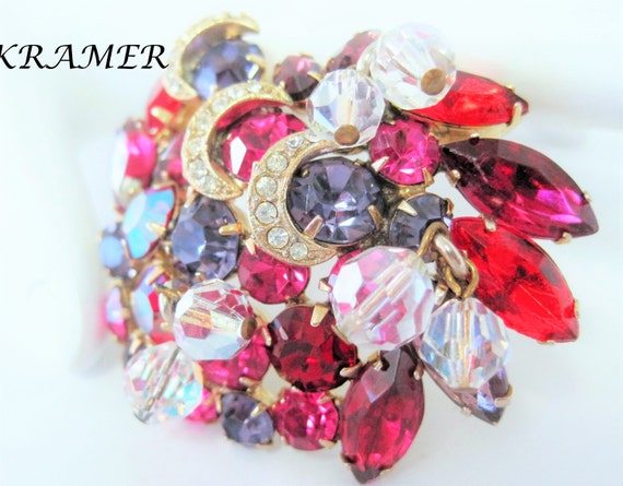 Kramer Red Brooch, Large Rhinestones, Dangling Crystals, Purple Rhinestones - no copyright - RARE