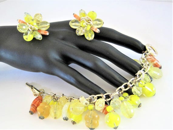 Yellow Glass Bracelet Set, Cha Cha Style - Bracelet Earrings, Vintage Glass Beads- Lemon Bright Clear Yellow, Made in W. Germany