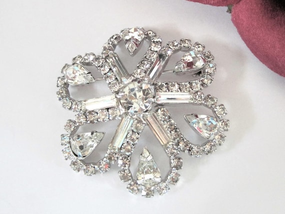 Clear Rhinestone Brooch, Multi Layered Brooch, Large Silver Tone, Flower Pin
