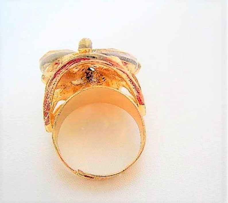 Size 8 Adjustable Glass Cocktail Ring Smokey Gray Glass Cabochons Gold Tone Setting