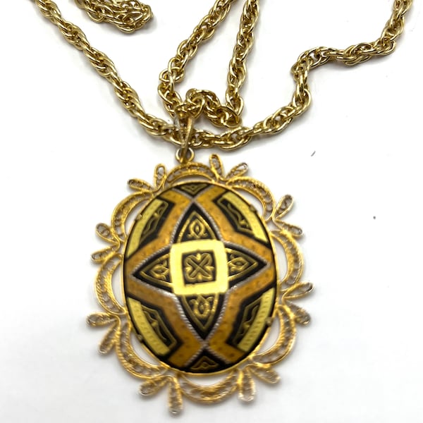 Damascene Pendant Necklace, Toledo Spain, Gold on Black Background, Vintage Pendant,Long  Gold Chain