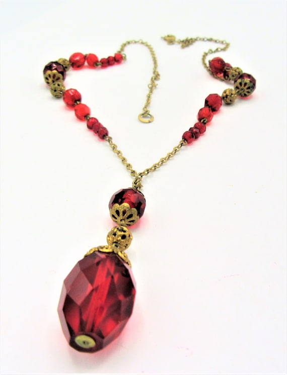 Red CZECH Glass Necklace, Faceted Signed Czechoslo