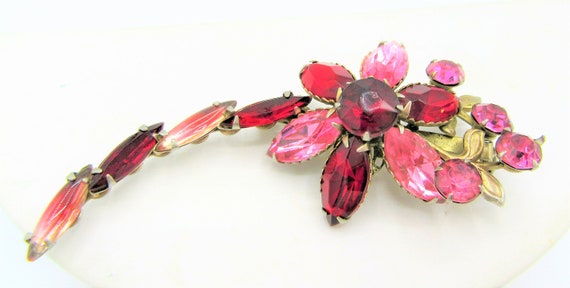 Rhinestone Flower Brooch,3 Inch Red and Pink Long… - image 1