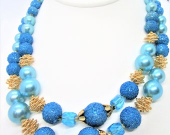 Blue Sugar Bead Necklace: Vintage Japan Signed 2-Strand Choker