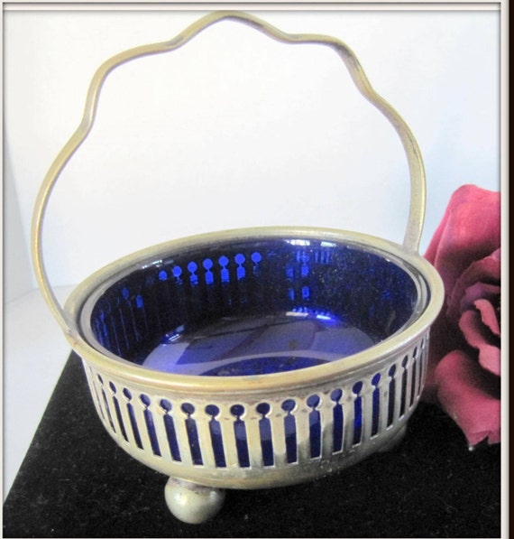 Antique Master Salt, Silverplate Cobalt Glass, Victorian British Footed, William Edwards Silversmith, 1800's Silverplate - Cobalt Glass