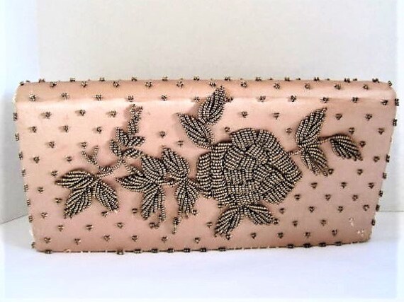 Beaded Evening Purse, Mauve Satin, Bronze Beads in Large Rose Shape, Hand Beaded, , Gift for Woman, Wedding Clutch
