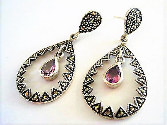 Sterling Marcasite Earrings, Amethyst Rhinestone Dangle, Pierced Signed 925, Gift for Woman Earrings,