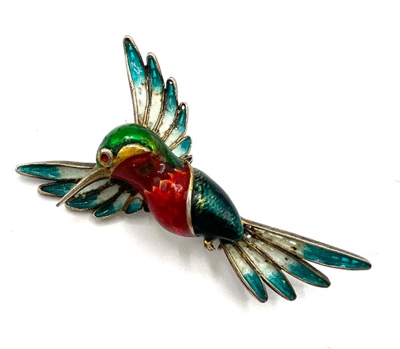 Vintage Vermeil Hummingbird Brooch, Enamel 800 79… - image 3