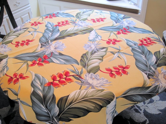 Hawaiian Barkcloth Tablecloth, Hawaii Floral Motif, Bold Colors Cotton, NOS