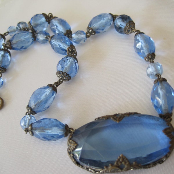 Vintage Deco Blue Czech Glass Necklace Choker