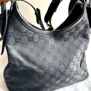 Vintage Authentic Gucci Hobo Purse, Black Monogrammed GG,  Genuine leather purse, with Dust Bag