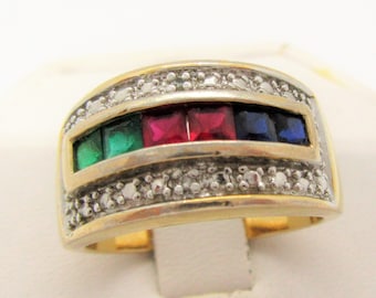 Sterling Ring, Size 9, Signed 925,  Multi stone Vermeil Sterling Band, Channel Set Rhinestones , Statement Ring