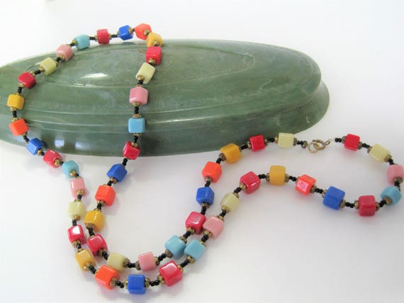 Vintage Rainbow Glass Necklace Glass Square Beads Long 30 - Etsy