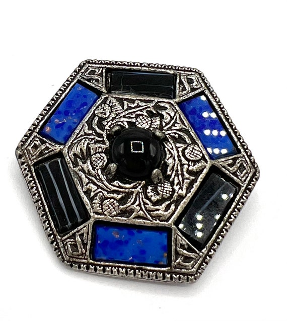 Black Blue Glass Brooch, Black Glass Cabochon Cen… - image 1