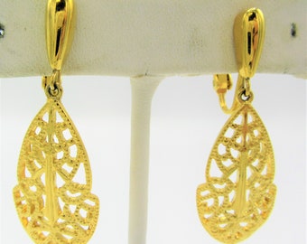 Trifari TM Earrings, Filigree Dangle Style, 2 Inch Gold Tone,  Clip Ons