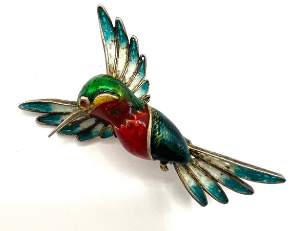 Vintage Vermeil Hummingbird Brooch, Enamel 800 79… - image 4