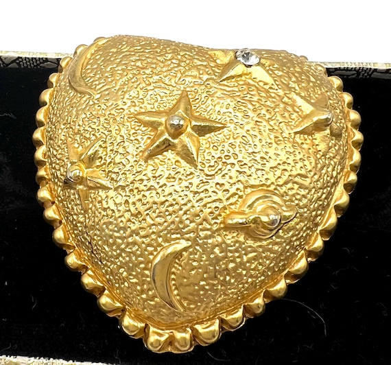 Heart Brooch, Celestial Pattern, Clear Rhinestone… - image 1