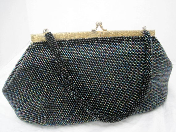 Blue Beaded Purse, Glass Iridescent Beads, 50's Handbag, Collectible Purse, Gift for Woman