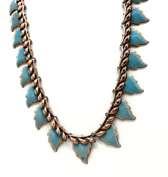 Matisse Renoir Signed Necklace, Blue Enamel Leaves