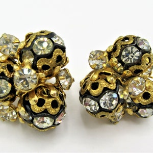 Designer Vogue Rhinestone Earrings, Signed Faceted Earrings, 1 Inch Clear and Black Clip Ons