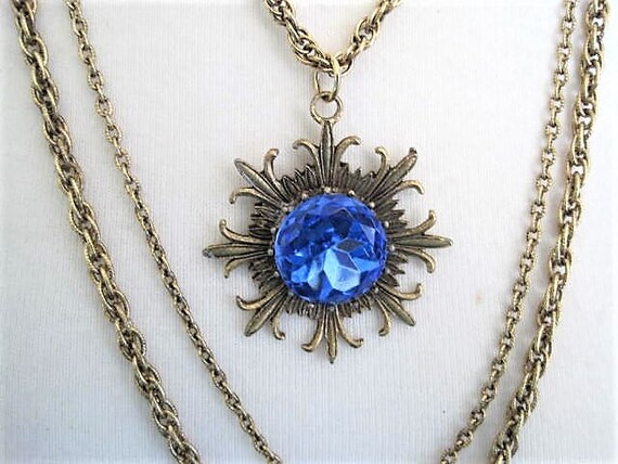 Blue Multi Chain Necklace, Unsigned Goldette, Blue Foiled Back Stone, Gold Tone Pendant