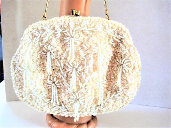 White Beaded Purse, Hand Beaded, Hong Kong, Evening Bag, Sequin Bead Encrusted, Wedding Purse