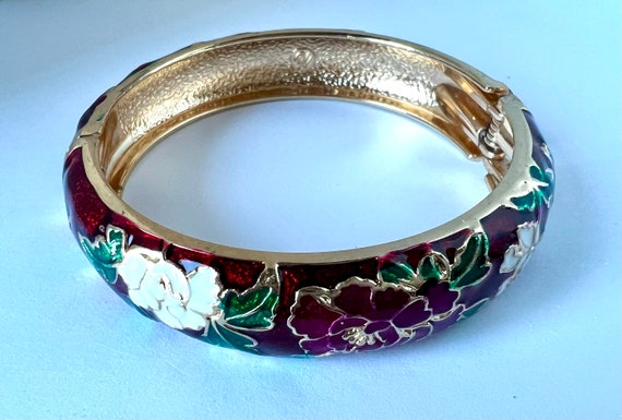 Vintage Enamel Bracelet, Garnet Red, White and Pi… - image 8